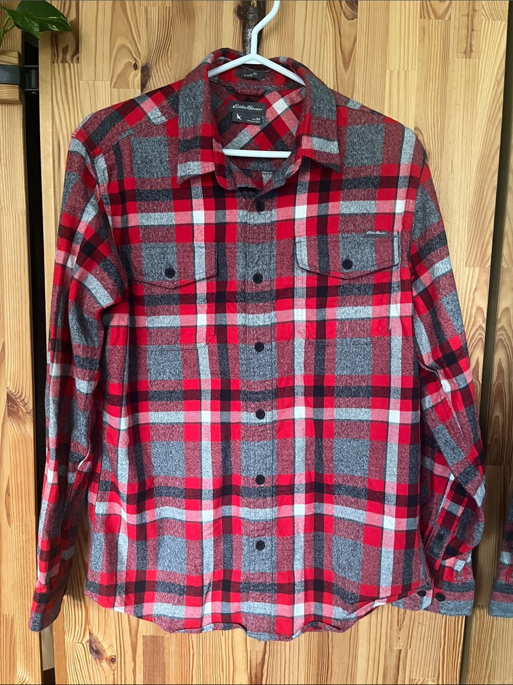 Eddie Bauer Red and Gray Plaid Button-Up Shirt (size M)